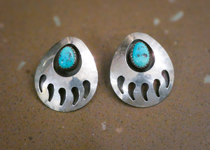 Vintage Native American Silver Bear Paw Shadow Box Turquoise Pierced Earrings