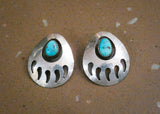 Vintage Native American Silver Bear Paw Shadow Box Turquoise Pierced Earrings
