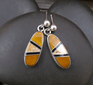 Native American Tiger Eye Onyx Picture Jasper Silver Post Dangle Earrings