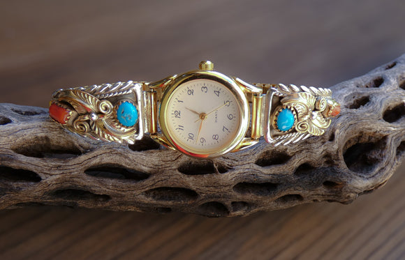 Native American Navajo Vintage 12KGF Silver Coral Turquoise Women's Watch