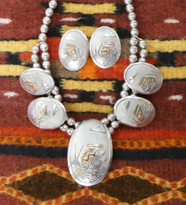 Vintage Native American Navajo Story Pottery 12KGF Gold Silver Bead Necklace Set