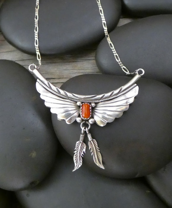 Vintage Native American Navajo Coral Sterling Silver Feather Bar Necklace