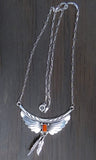 Vintage Native American Navajo Coral Sterling Silver Feather Bar Necklace