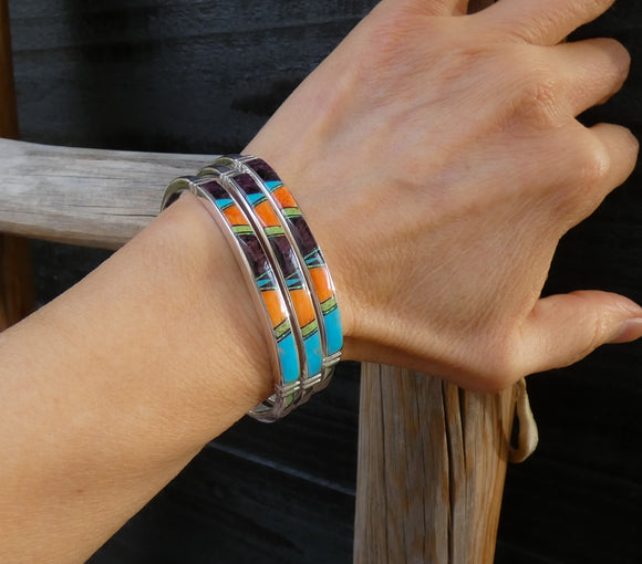 Native American Navajo Sterling Silver Navajo Turquoise Multi Inlay Stacking Bracelet