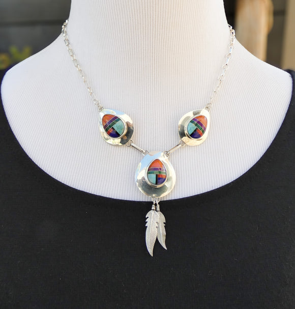 Native American Navajo 3 Piece Multi inlay Feather Sterling Silver Necklace