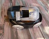 Vintage Unisex Native American Navajo STERLING Silver Concho Belt on Leather